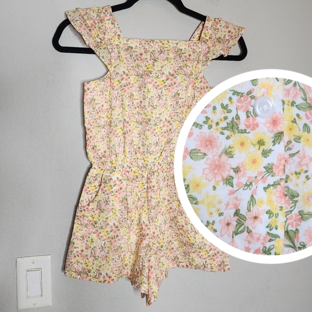 NWT Janie And Jack Yellow Pink Floral  Romper Pockets Stretch Waist Size 10
